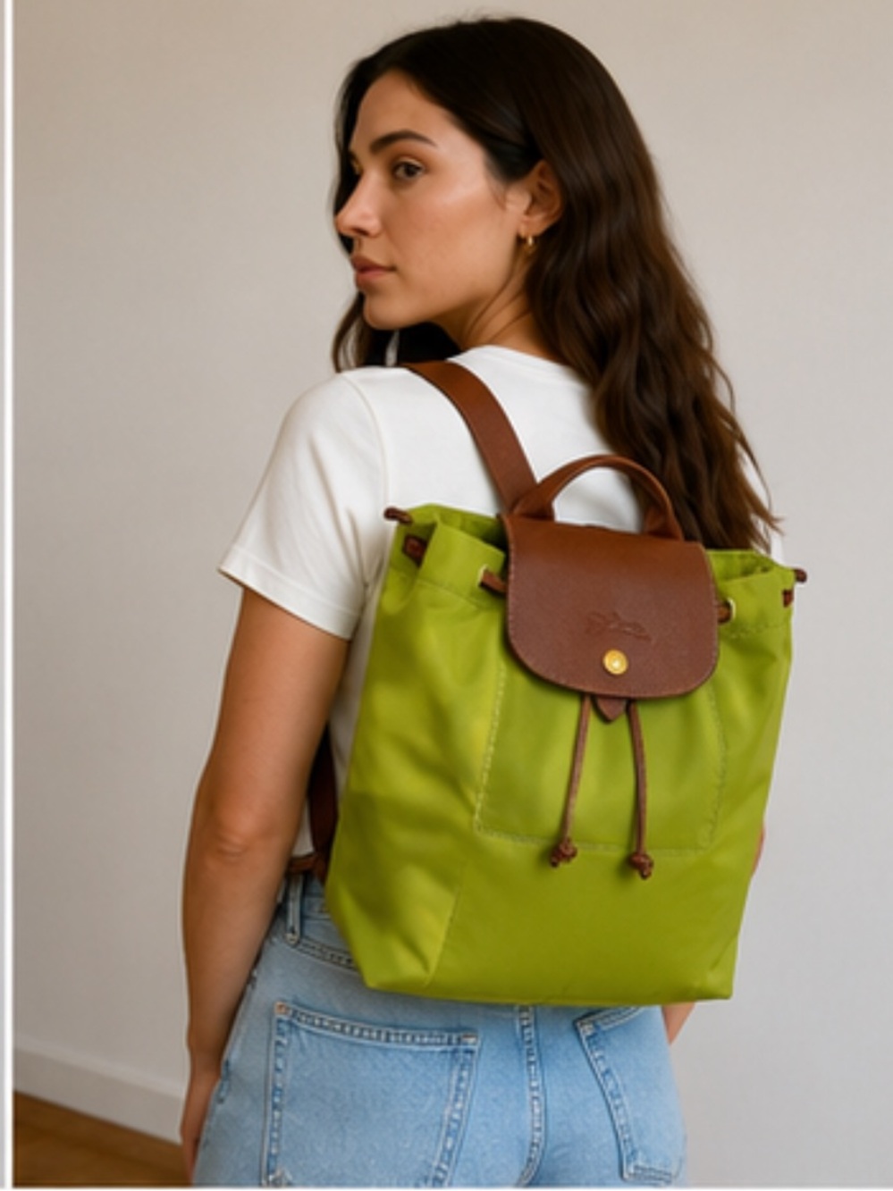 Longchamp Le Pliage M Backpack Rare Lime Green Nylon Brown Leather Authentic